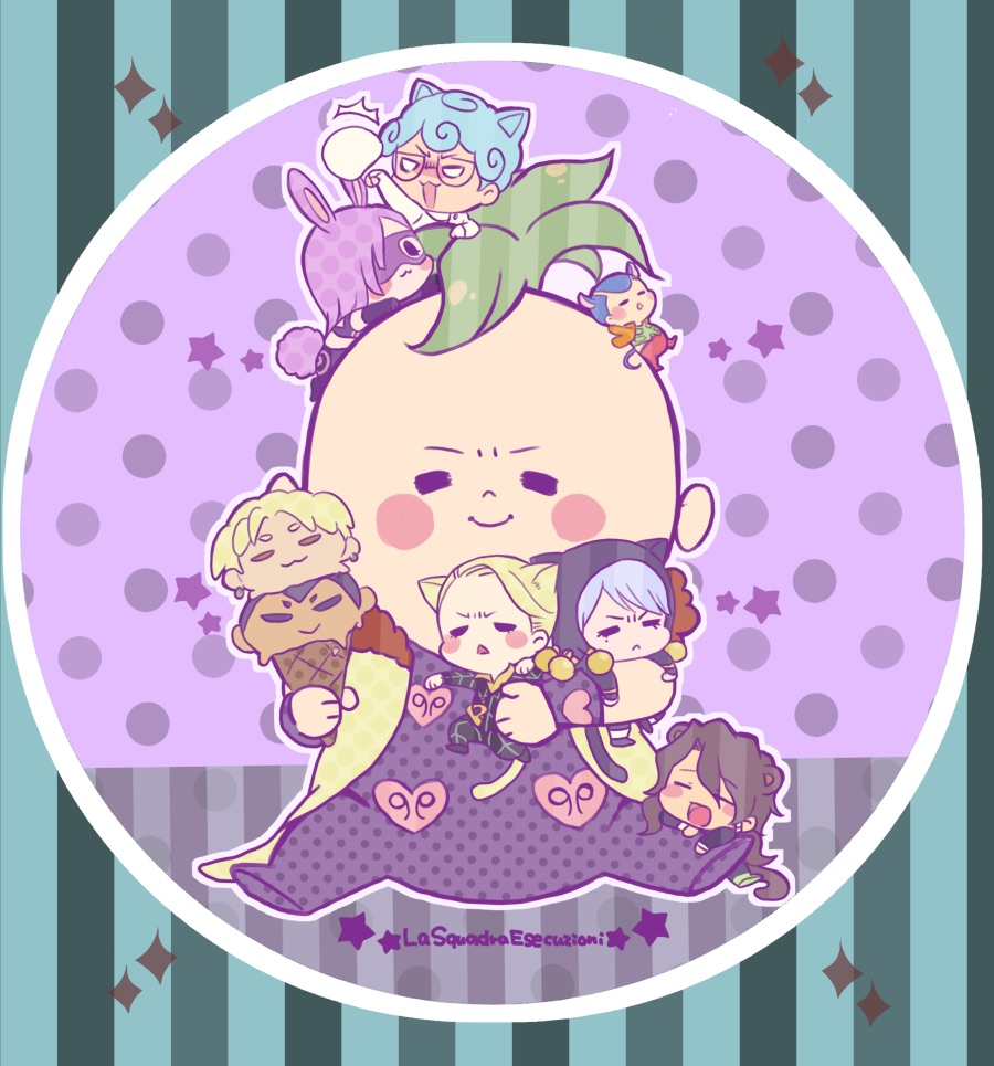 6+boys, animal_ears, blue_hair, blush_stickers, brown_hair, cat_ears, character-themed_food, chibi