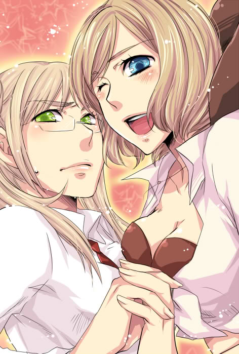 2girls, america_(hetalia), axis_powers_hetalia, blonde_hair, blue_eyes, front-tie_top, genderswap, glasses, green_eyes, multiple_girls, twintails, united_kingdom_(hetalia), wink, yuduru74