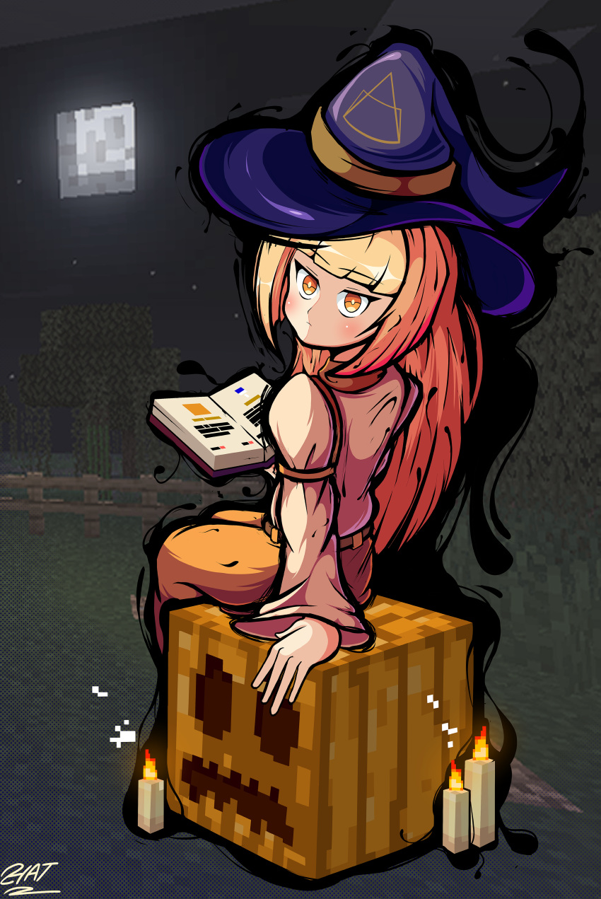 absurdres, block_(minecraft), blonde_hair, book, hat, hatly, highres, holding, holding_book, jack-o'-lantern, looking_at_viewer, minecraft, minecraft_vs_zombies_2, night, night_sky, non-web_source, orange_eyes, orant_(minecraft_vs_zombies_2), pumpkin, purple_hat, shirt, sky, white_shirt, witch_hat