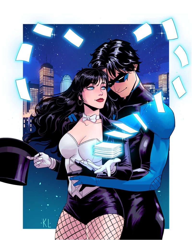 1boy, 1girl, batman_(series), black_bodysuit, black_hair, blue_bodysuit, blue_mask, bodysuit