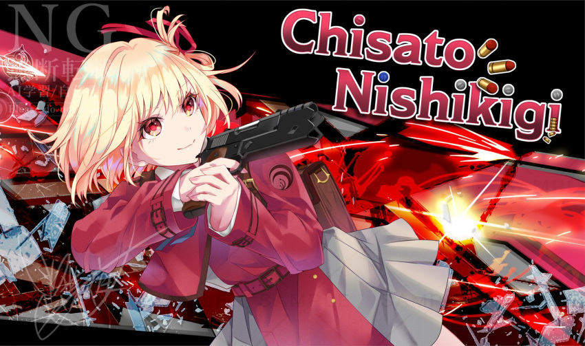 1girl, artist_collaboration, belt, blonde_hair, bullet, character_name, closed_mouth, commentary_request