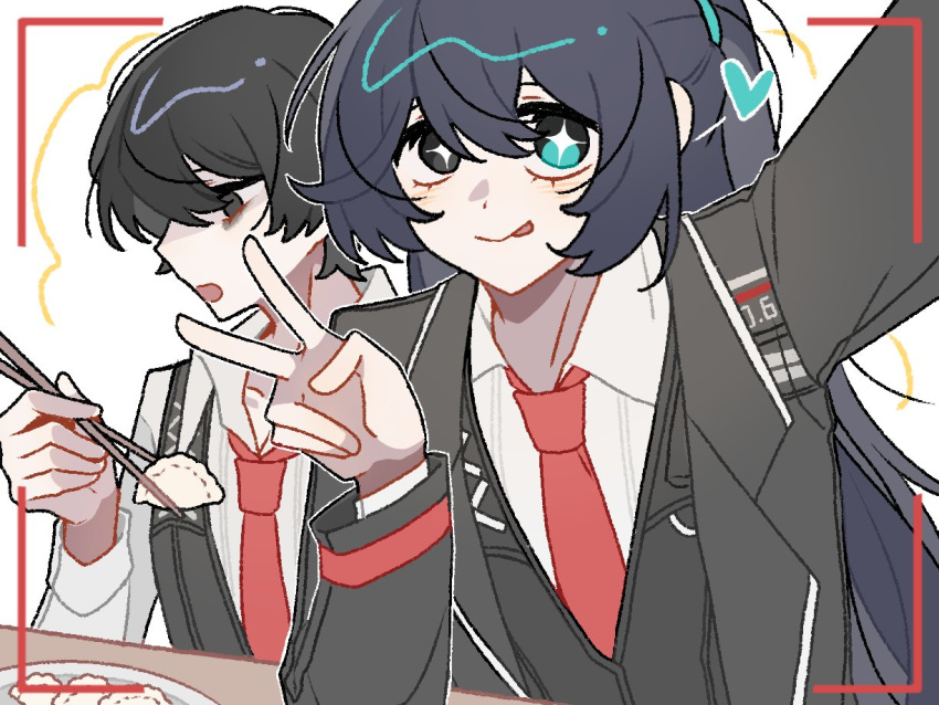 +_+, 2boys, black_coat, black_eyes, black_hair, black_vest, blue_eyes, coat, collared_shirt, dumpling, eating, finame0, food, heart, heterochromia, high_ponytail, hong_lu_(project_moon), limbus_company, long_hair, long_sleeves, looking_at_viewer, male_focus, multiple_boys, necktie, ponytail, project_moon, red_necktie, selfie, shirt, simple_background, tongue, tongue_out, upper_body, v, vest, white_background, white_shirt, yi_sang_(project_moon)