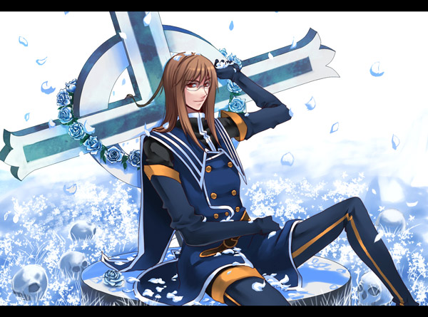 blue_rose, brown_hair, buttons, coat, cross, flower, glasses, gloves