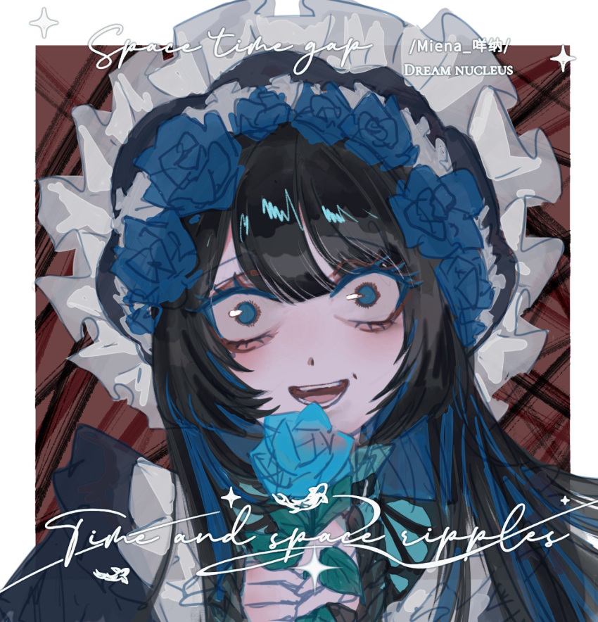 1girl, ado_(utaite), aegyo_sal, aishite_aishite_aishite_(vocaloid), black_hair, blue_eyes, blue_flower, blue_hair