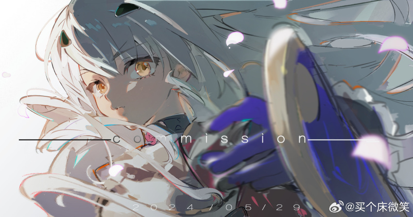 1girl, artist_name, blue_gloves, chinese_commentary, closed_mouth, commentary_request, commission, dated