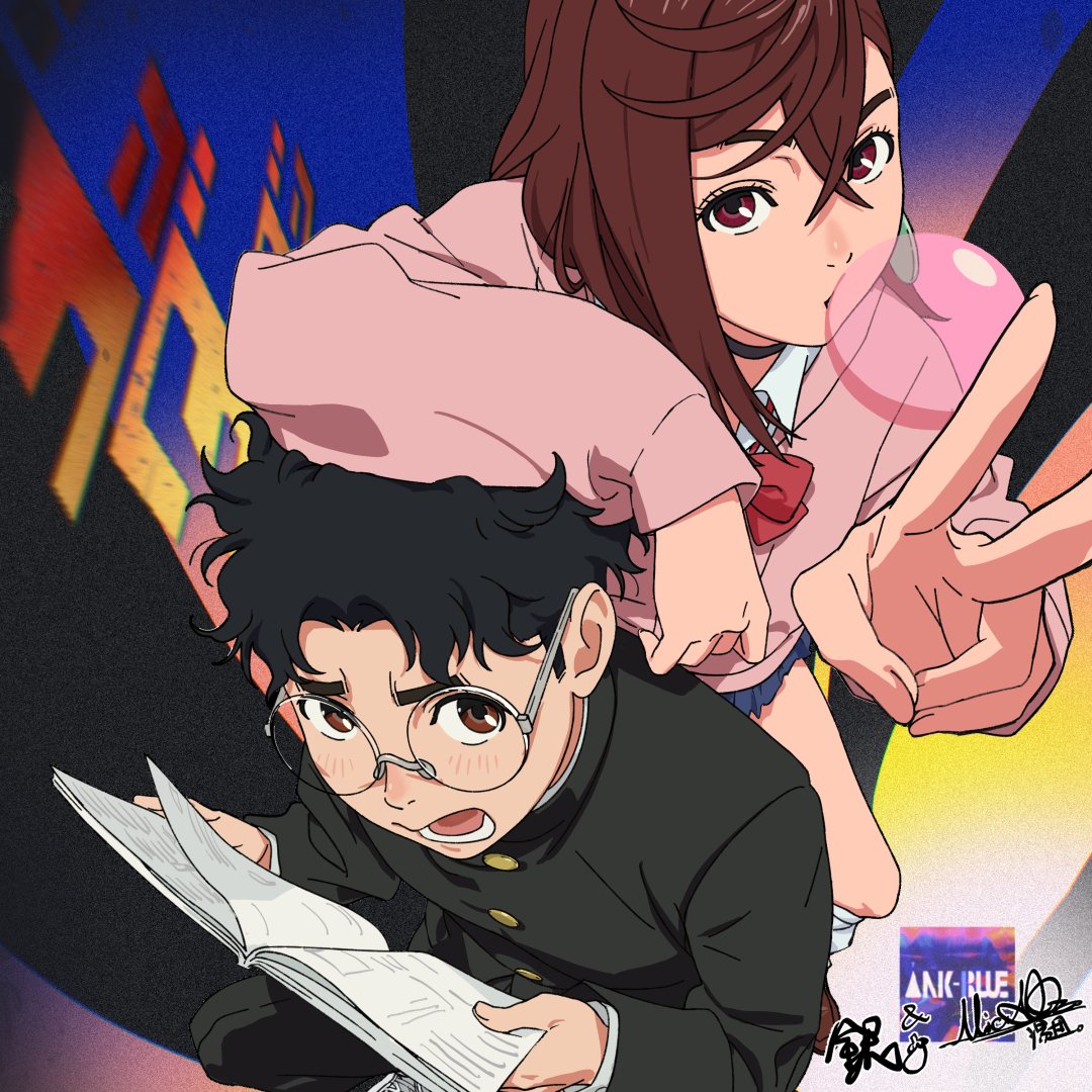 1boy, 1girl, abstract_background, anime_coloring, ankle_socks, arm_on_another's_head, armrest, artist_name
