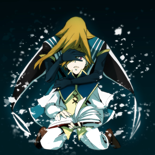 book, boots, brown_hair, cape, dual_persona, gloves, jade_curtiss, kneeling