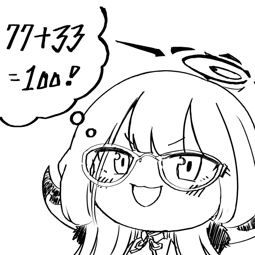 1girl, :3, :d, absurdres, aru_(blue_archive), blue_archive, blush, collared_shirt, commentary, demon_girl, demon_horns, glasses, goodgameuseless, greyscale, halo, highres, horns, long_hair, looking_at_viewer, math, monochrome, neck_ribbon, open_mouth, photo-referenced, ribbon, shirt, simple_background, sketch, smile, solo, v-shaped_eyebrows, white_background