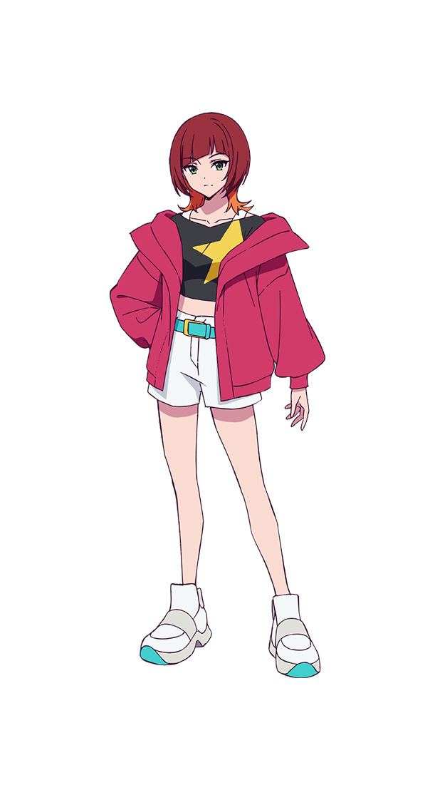 1girl, black_shirt, breasts, brown_hair, digimon, digimon_beatbreak, full_body, green_eyes