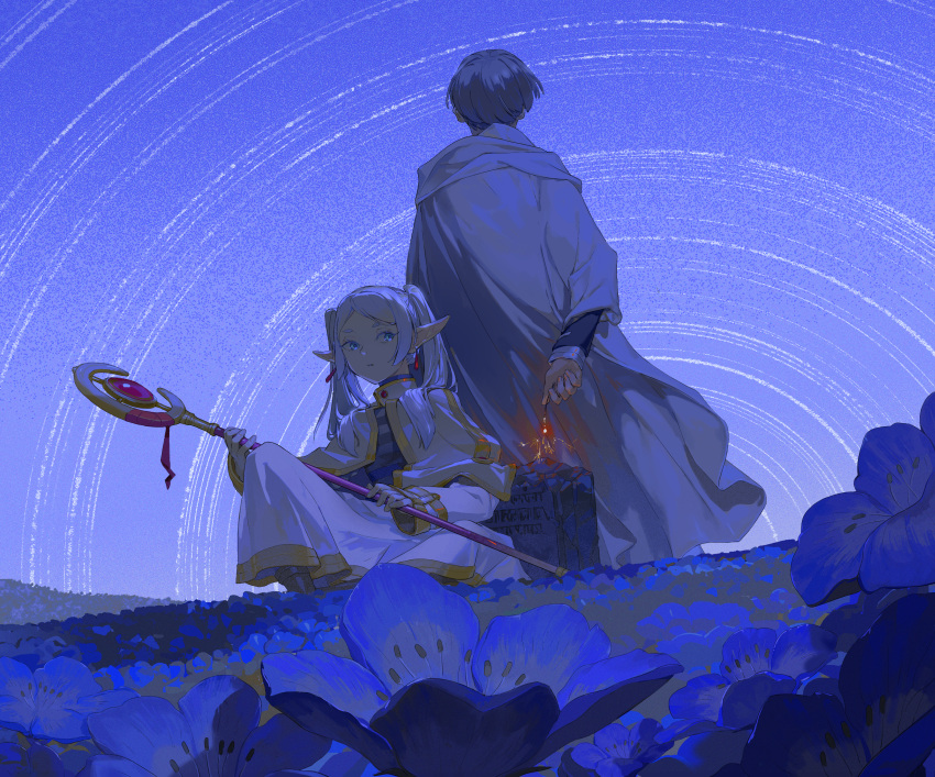 1boy, 1girl, absurdres, antiquewhite, back, black_shirt, blue_eyes, blue_flower, blue_hair, blue_theme, boots, brown_boots, buttons, cape, closed_mouth, coat, commentary_request, dress, earrings, elf, fingernails, flower, frieren, gem, gradient_sky, grave, grey_hair, hand_up, highres, himmel_(sousou_no_frieren), holding, hood, hooded_coat, jewelry, long_hair, long_sleeves, looking_at_another, mage_staff, night, night_sky, outdoors, pink_gemstone, pointy_ears, purple_sky, shirt, short_hair, sidelocks, sitting, sky, sousou_no_frieren, standing, star_trail, striped_clothes, striped_dress, twintails, white_cape, white_coat, white_dress, wide_sleeves