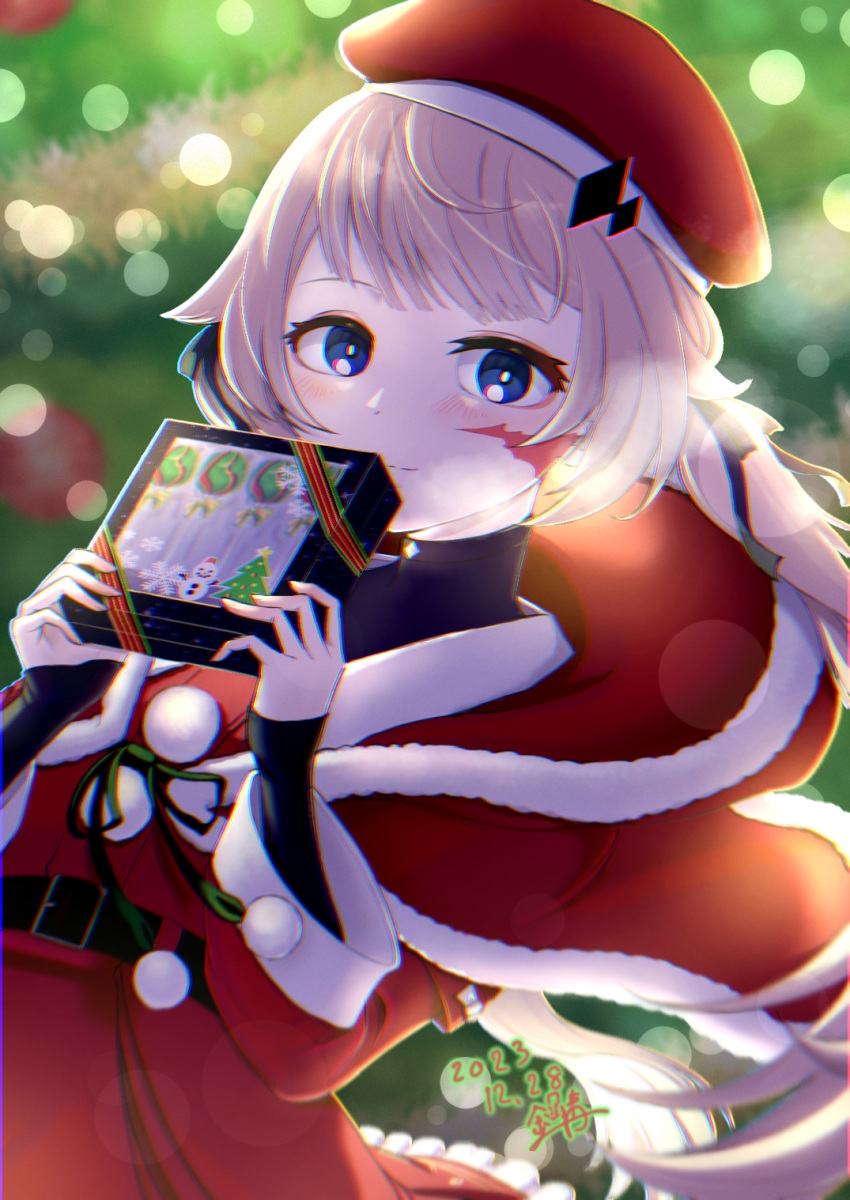 1girl, blue_eyes, box, bright_pupils, brown_hair, cape, capelet, christmas