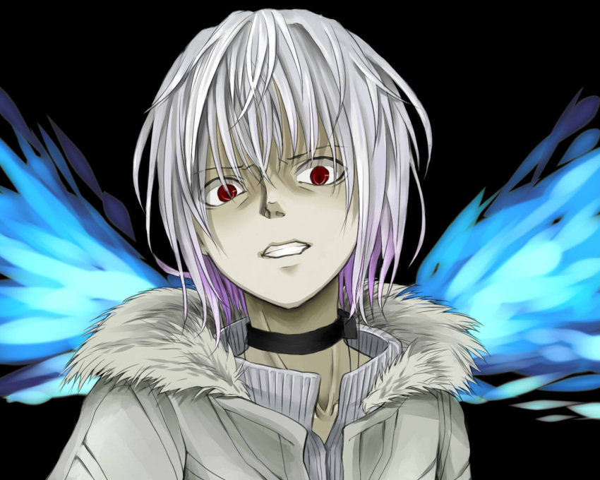 1boy, accelerator_(toaru_majutsu_no_index), albino, awakening_(toaru), black_background, black_choker, blue_wings, choker, clenched_teeth, commentary, energy_wings, fur-trimmed_jacket, fur_trim, hair_between_eyes, highres, jacket, looking_at_viewer, negiko123123, pale_skin, red_eyes, short_hair, solo, sternocleidomastoid_muscle, teeth, toaru_majutsu_no_index, upper_body, white_hair, white_jacket, wings, winter_clothes