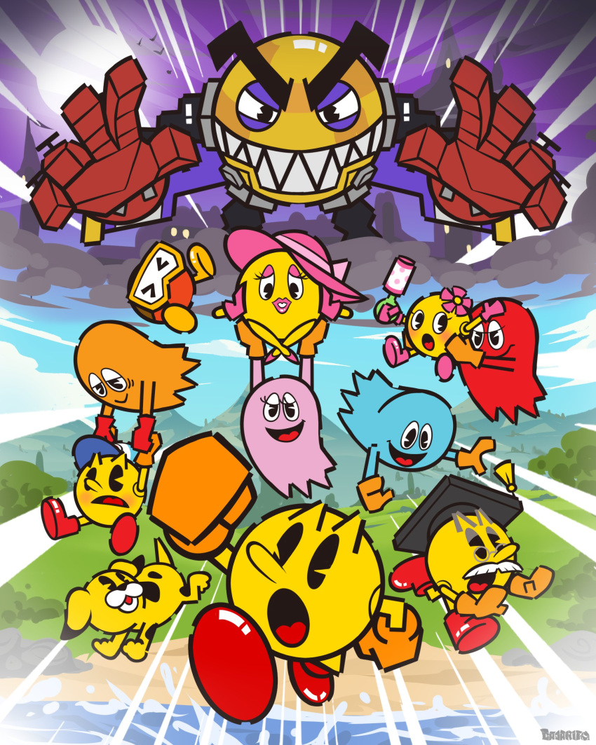 3girls, 6+boys, absurdres, baby, baby_pac-man, blinky_(pac-man), boots, carrying