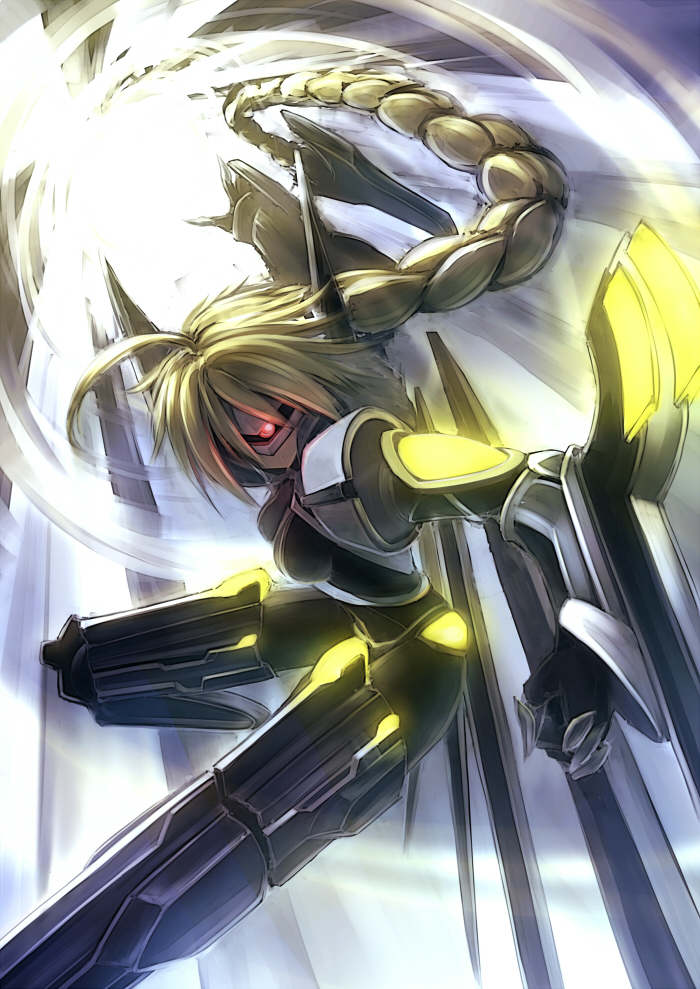 armor, blazblue, blonde_hair, braid, garuku, hair_weapon, lambda-11, long_hair
