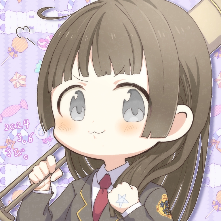 1girl, :3, ahoge, blush, brown_hair, candy, chibi, chibi_only