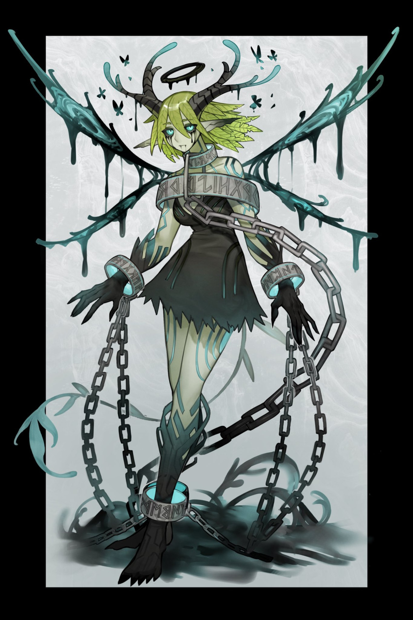 1girl, antlers, barefoot, black_border, black_dress, blue_eyes, border, chain, chain_leash, collar, colored_sclera, colored_skin, commission, cuffs, dress, fingernails, full_body, green_hair, green_skin, grey_background, grey_sclera, highres, horns, leash, looking_at_viewer, metal_collar, monster_girl, multiple_wings, original, outside_border, plant, plant_hair, plant_tail, pointy_ears, runes, ruteko_(ruko220), shackles, sharp_fingernails, short_hair, skeb_commission, slime_(substance), solo, standing, tail, vines, wings