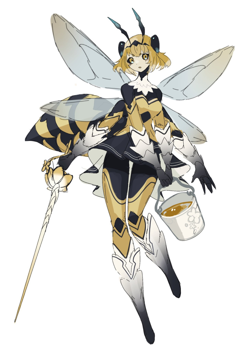 1girl, antennae, arthropod_girl, arthropod_tail, bee_girl, black_sclera, blonde_hair, bucket, colored_sclera, dress, extra_arms, full_body, highres, holding, holding_bucket, holding_sword, holding_weapon, insect_wings, looking_at_viewer, monster_girl, original, rapier, ruteko_(ruko220), short_hair, simple_background, solo, sword, tail, weapon, white_background, wings, yellow_dress, yellow_eyes