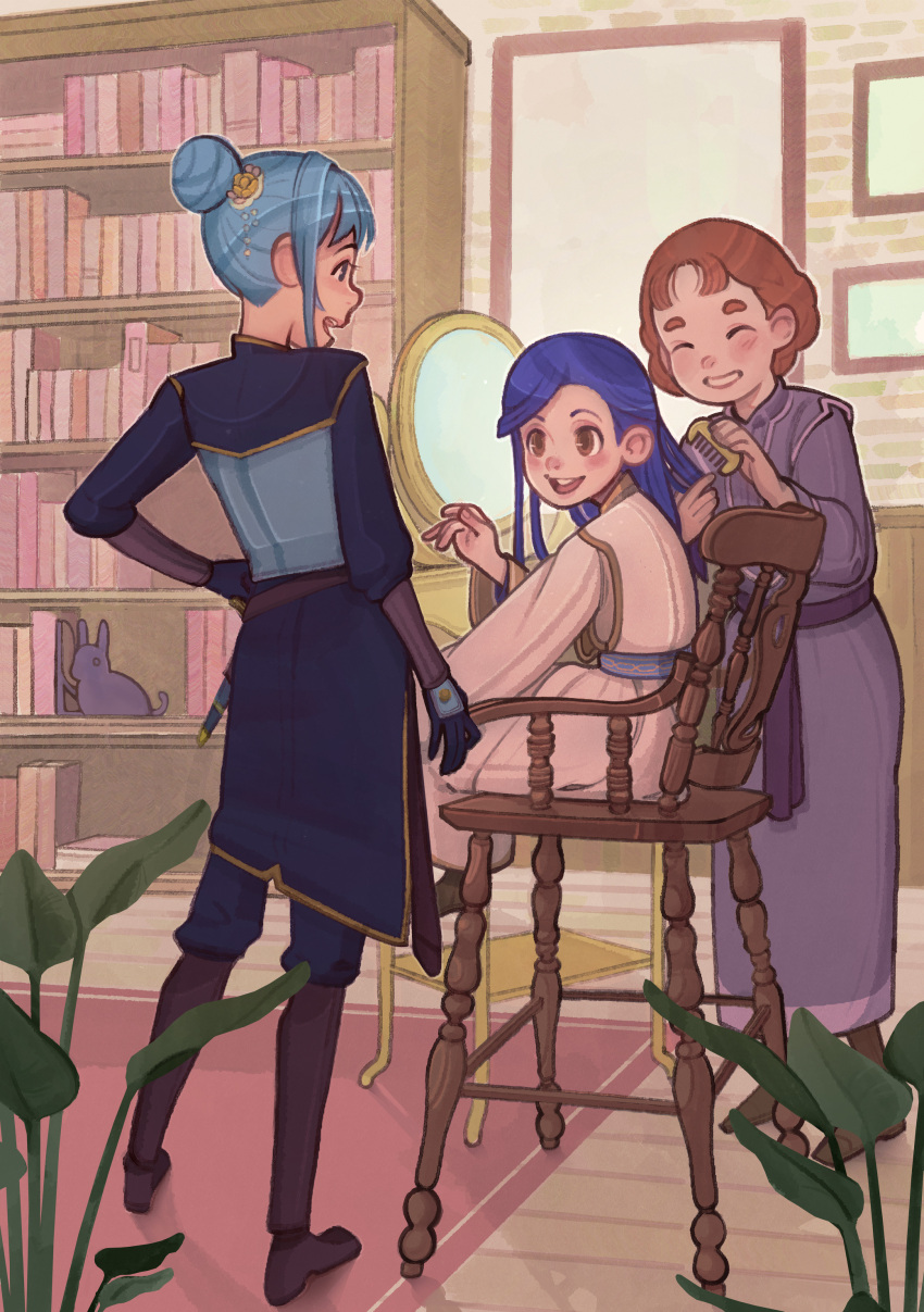 3girls, absurdres, angelica_(honzuki_no_gekokujou), black_gloves, blue_hair, bookshelf, brown_eyes, brown_hair, chair, closed_eyes, comb, english_commentary, gloves, grey_robe, hair_bun, highres, honeyjello, honzuki_no_gekokujou, indoors, mirror, multiple_girls, myne_(honzuki_no_gekokujou), nicola_(honzuki_no_gekokujou), official_art, plant, robe, rug, short_hair, sitting, smile, standing
