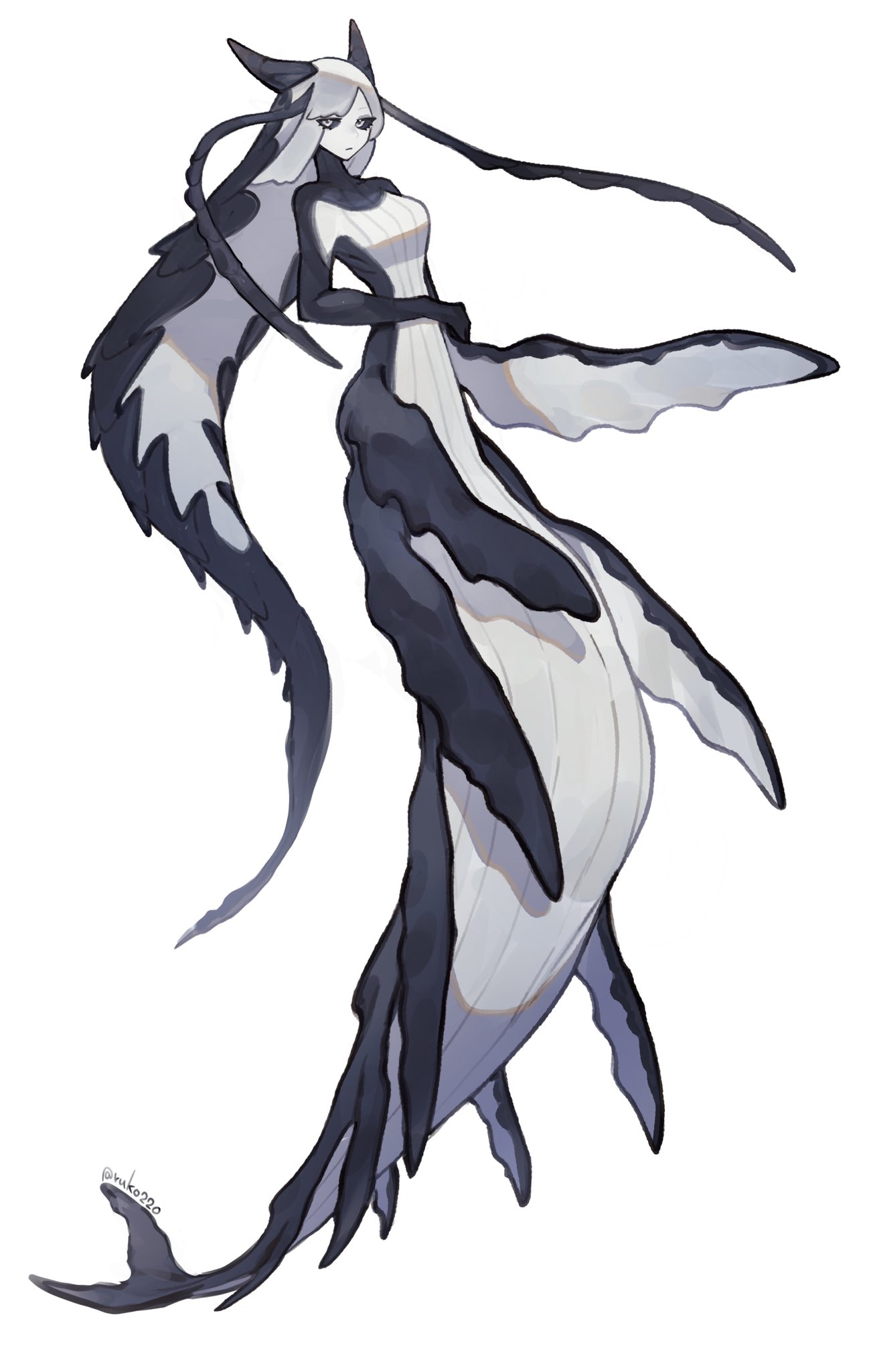 1girl, black_sclera, colored_sclera, colored_skin, commentary, fins, full_body, highres