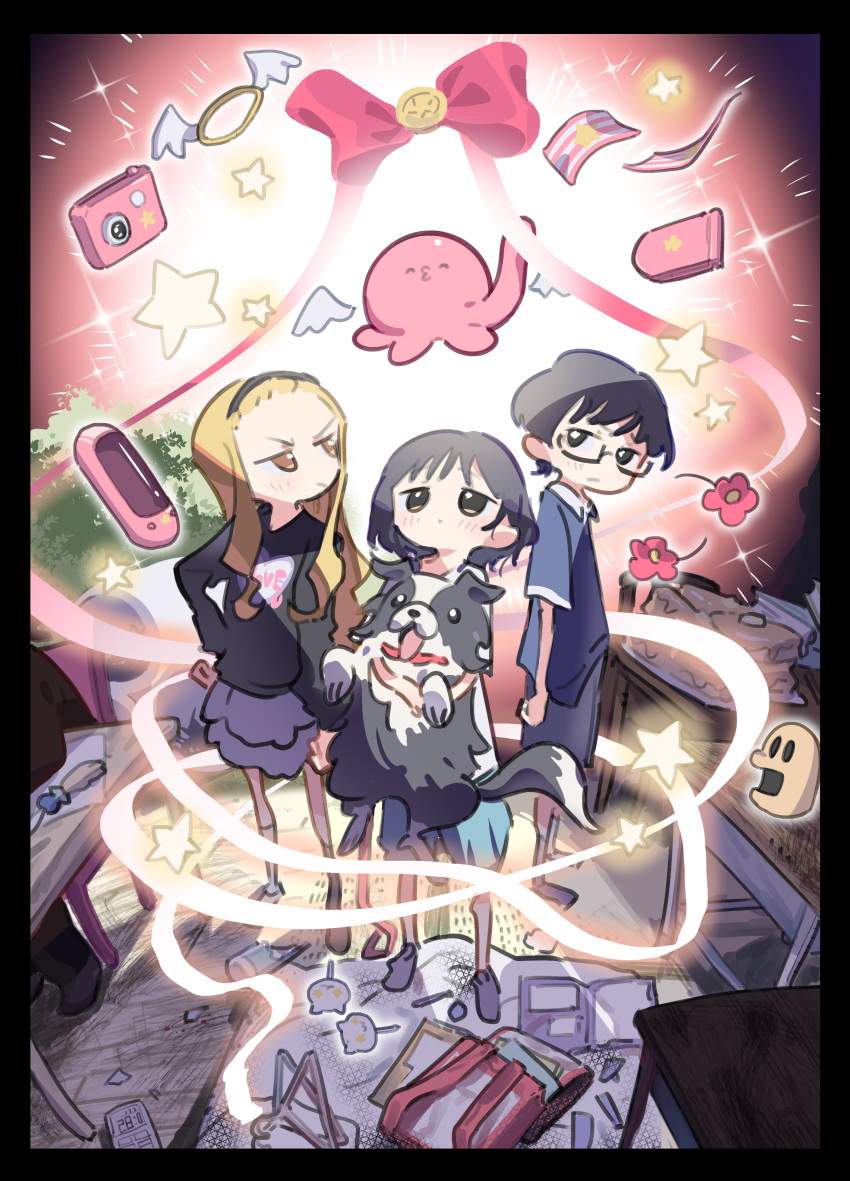 1boy, 2girls, absurdres, animal, animal_collar, arm_at_side, arms_at_sides, azuma_naoki
