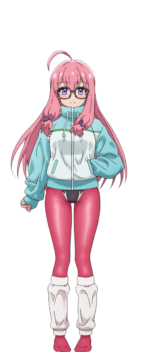 1girl, ahoge, anime_coloring, blush, breasts, closed_mouth, full_body, hair_between_eyes, hand_in_pocket, huge_ahoge, ideura_shizuri_(neet_kunoichi), jacket, large_breasts, leotard, long_hair, long_sleeves, looking_at_viewer, low-tied_sidelocks, neet_de_otaku_na_kunoichi_to_naze_ka_dousei_hajimemashita, official_art, pantyhose, pink_hair, pink_pantyhose, sidelocks, simple_background, smile, solo, standing, suzuki_masahiko_(animator), track_jacket, transparent_background, very_long_hair, violet_eyes