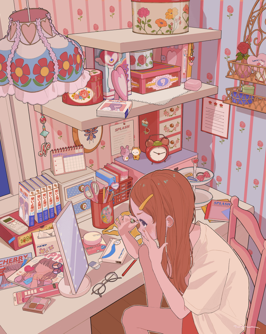 1girl, absurdres, alarm_clock, analogous_colors, black_eyes, book, bow, brown_hair