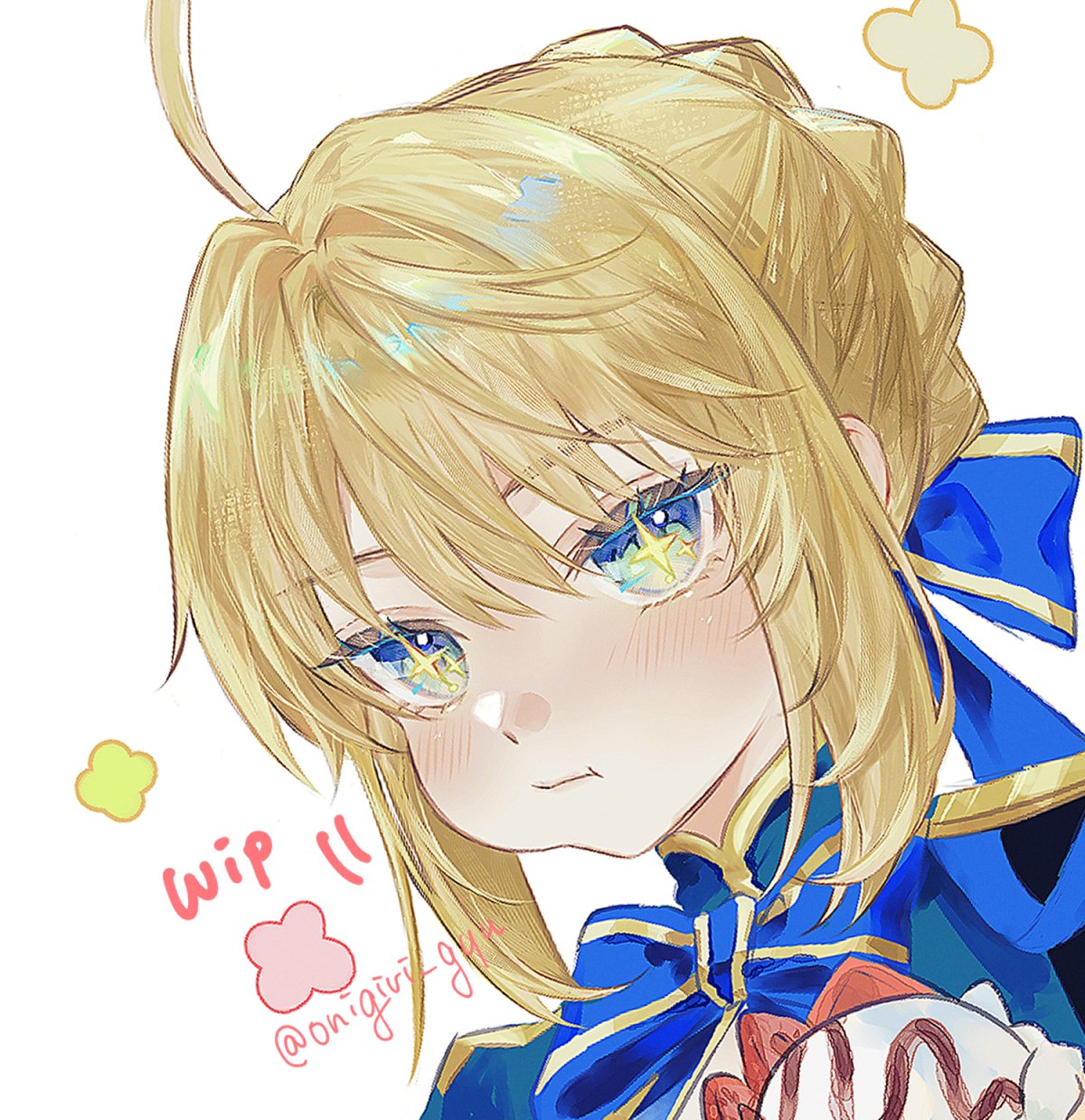 +_+, 1girl, ahoge, artist_name, artoria_pendragon_(fate), blonde_hair, blue_bow, blue_bowtie