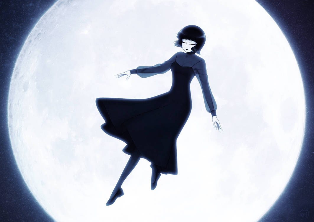 1girl, black_hair, black_lips, breasts, closed_eyes, floating, full_moon, goth_fashion