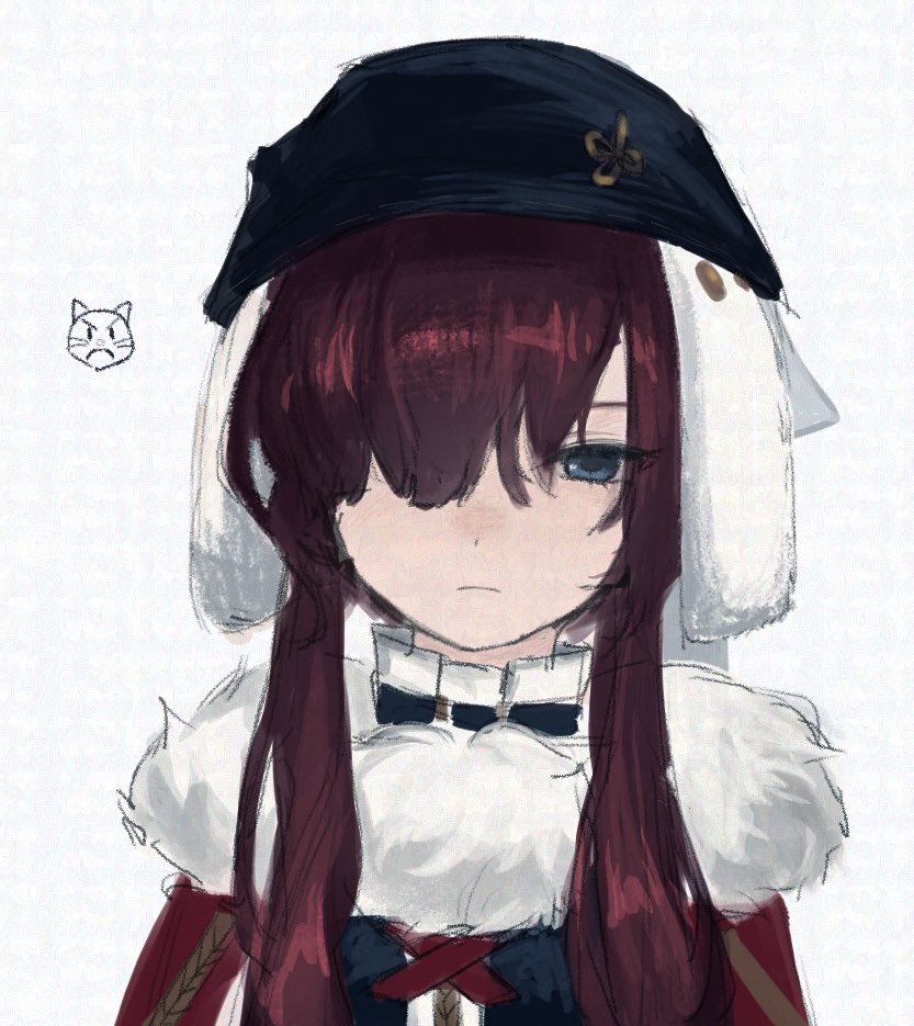 1girl, black_hat, black_vest, blue_eyes, cape, closed_mouth, cross_tie, fur-trimmed_cape