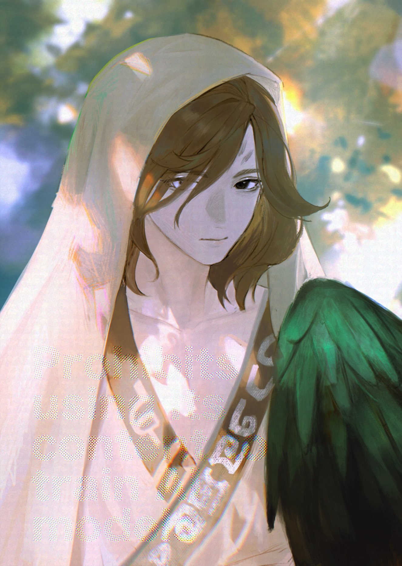 1boy, bird_wings, black_eyes, blurry, blurry_background, brown_feathers, brown_hair, chinese_clothes