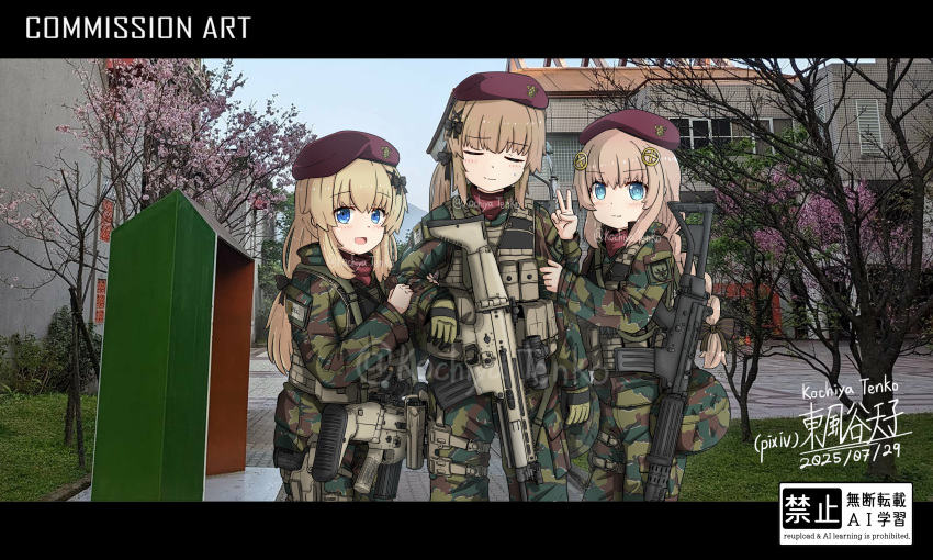 3girls, :d, absurdres, artist_name, assault_rifle, beret, black_ribbon, blonde_hair