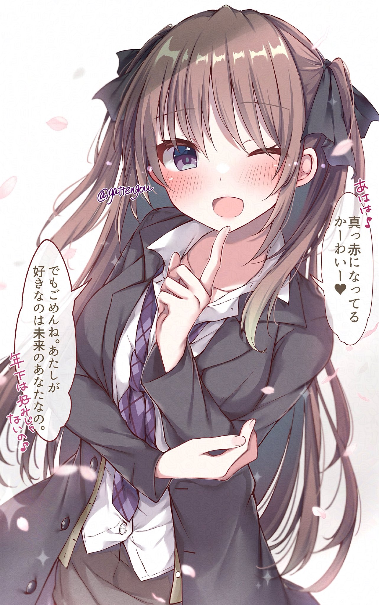 1girl, ;d, adversarial_noise, anna_(mirai_nostalgia), black_jacket, black_ribbon, blurry, blush