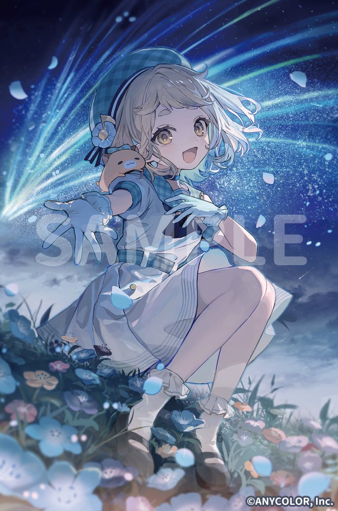 1girl, :d, beret, black_shoes, blonde_hair, blue_choker, blue_flower, blue_hat