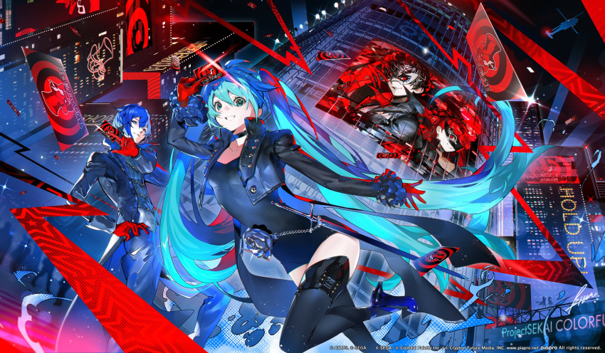 2boys, 2girls, aircraft, amamiya_ren, amamiya_ren_(cosplay), aqua_hair, black_choker, black_coat
