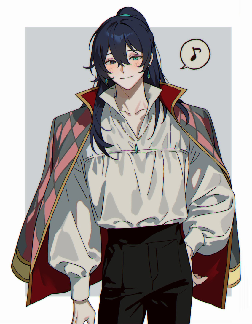 1boy, argyle_clothes, argyle_coat, arm_at_side, black_eyes, black_hair, border, chromatic_aberration