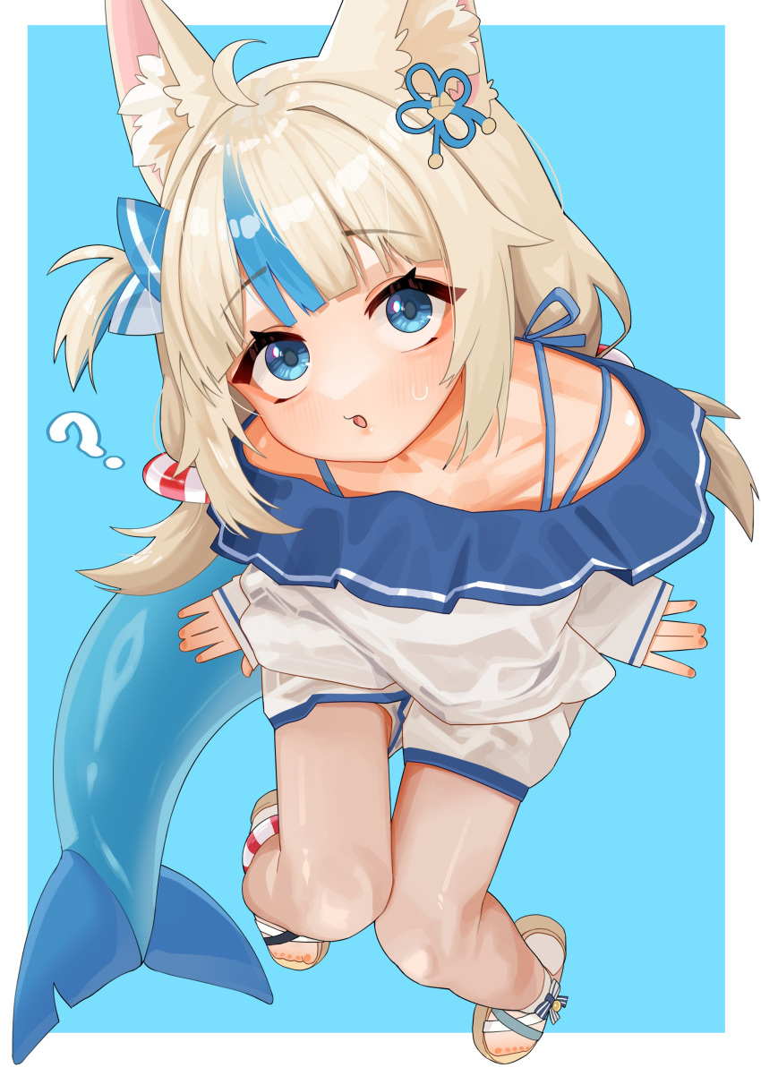1girl, ?, absurdres, bare_shoulders, ch1ckpyo, fins, fish_tail, highres