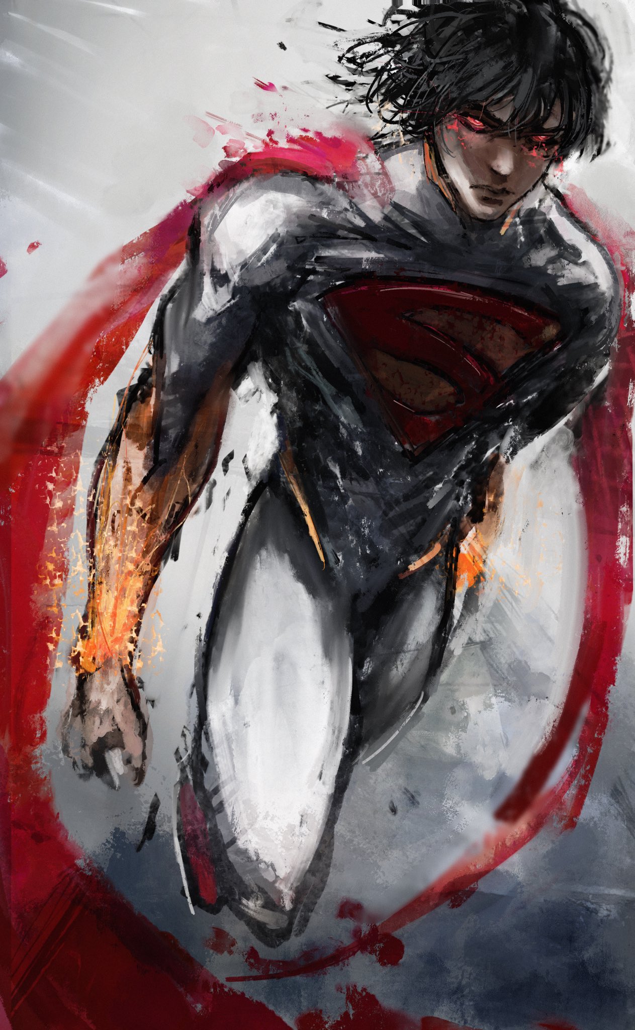1boy, absolute_dc, absolute_superman, black_hair, bodysuit, boots, cape, clenched_hand, closed_mouth, dc_comics, floating_hair, full_body, glowing, glowing_eyes, hair_between_eyes, highres, kyezzzz, looking_ahead, male_focus, red_boots, red_cape, red_eyes, solo, superman, superman_(series), superman_logo
