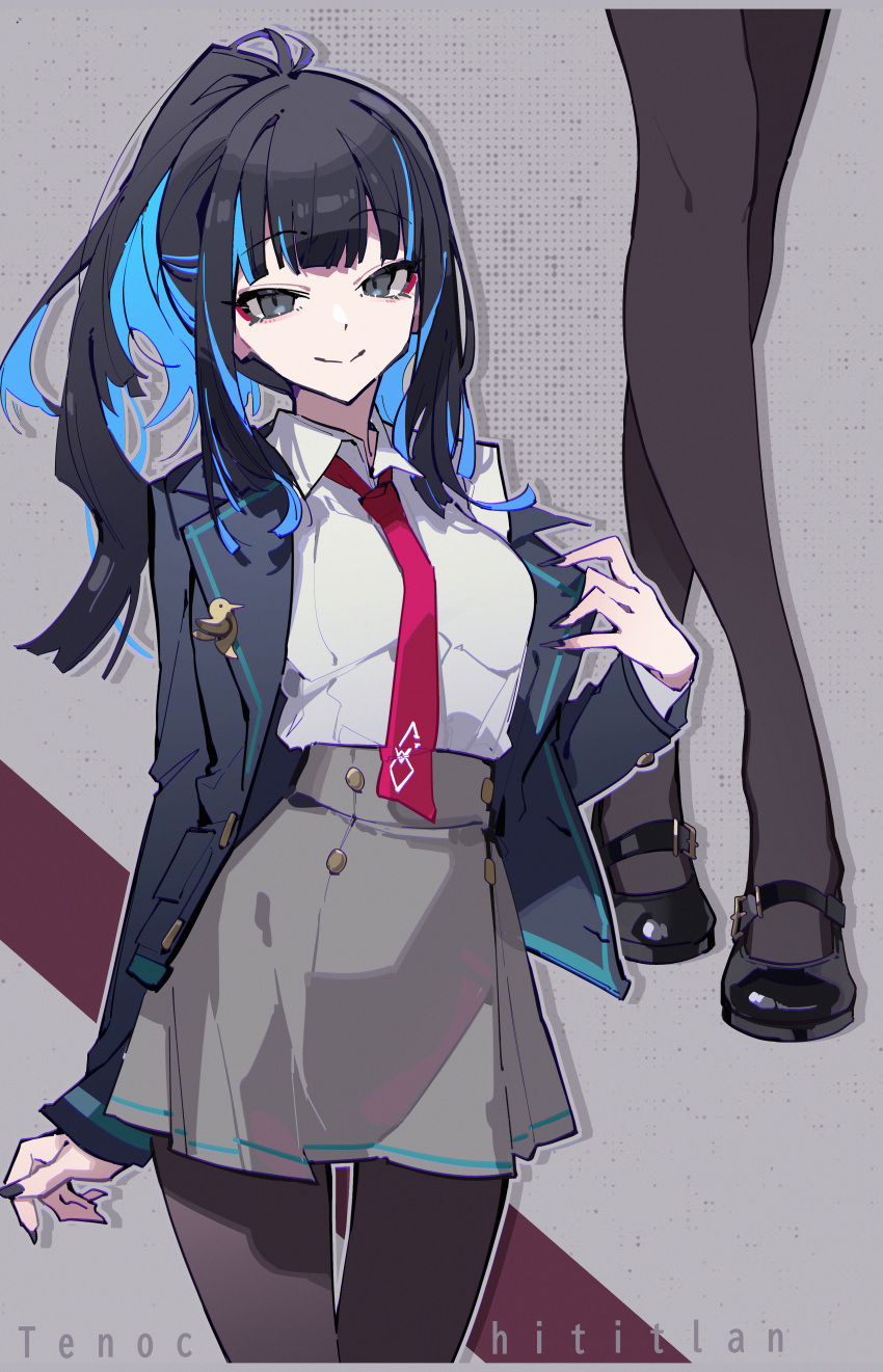 1girl, absurdres, black_hair, black_jacket, black_pantyhose, blue_hair, breasts, brown_pantyhose