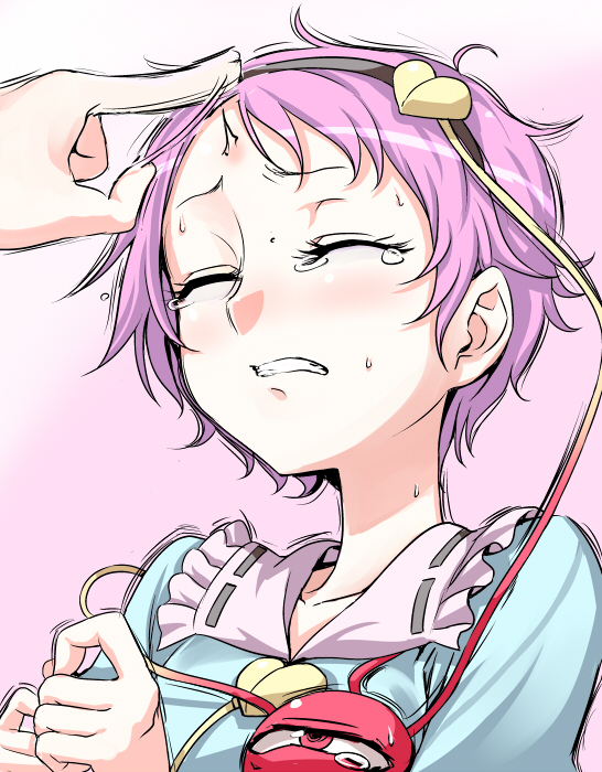 blush, closed_eyes, dekopin, eyes_closed, face, flick, forehead, forehead_flick, hairband, heart, komeiji_satori, kumadano, purple_eyes, short_hair, simple_background, solo, sweat, tears, third_eye, touhou, violet_eyes