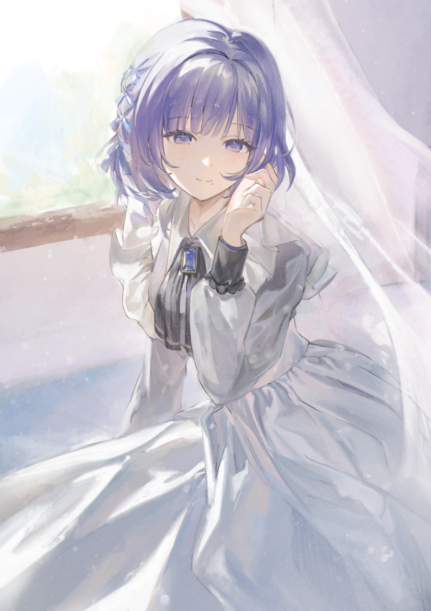 1girl, amano_(amn_amn), arm_at_side, ascot, backlighting, black_ascot, black_sleeve_cuffs, blue_brooch