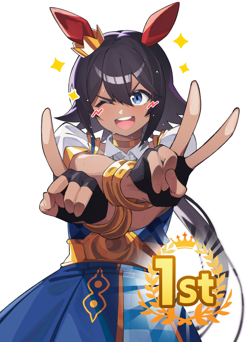 1girl, :d, ;), absurdres, animal_ears, black_gloves, black_hair, bracelet