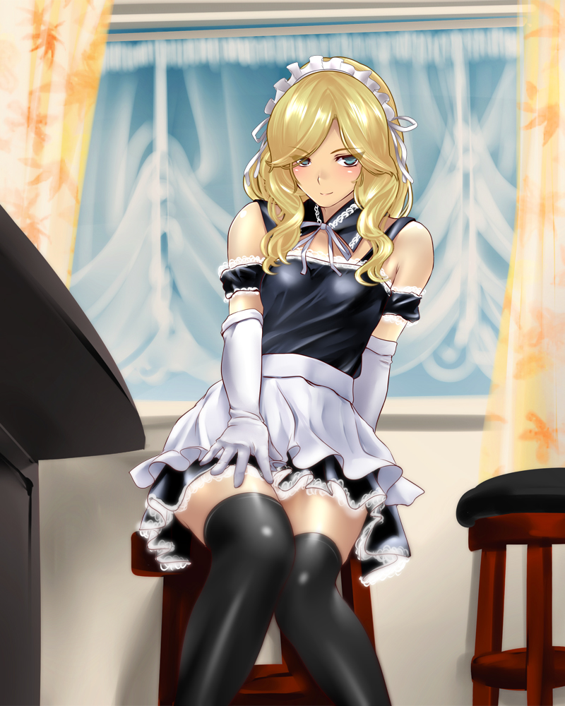 bar_stool, bare_shoulders, black_legwear, blonde_hair, blue_eyes, curtains, elbow_gloves, gloves