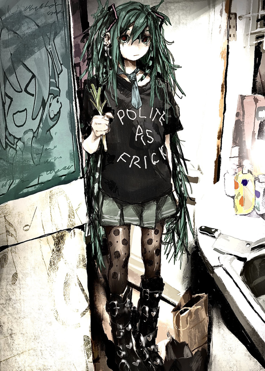 1girl, aqua_hair, aqua_necktie, beanill512, black_boots, black_shirt, boots, closed_mouth