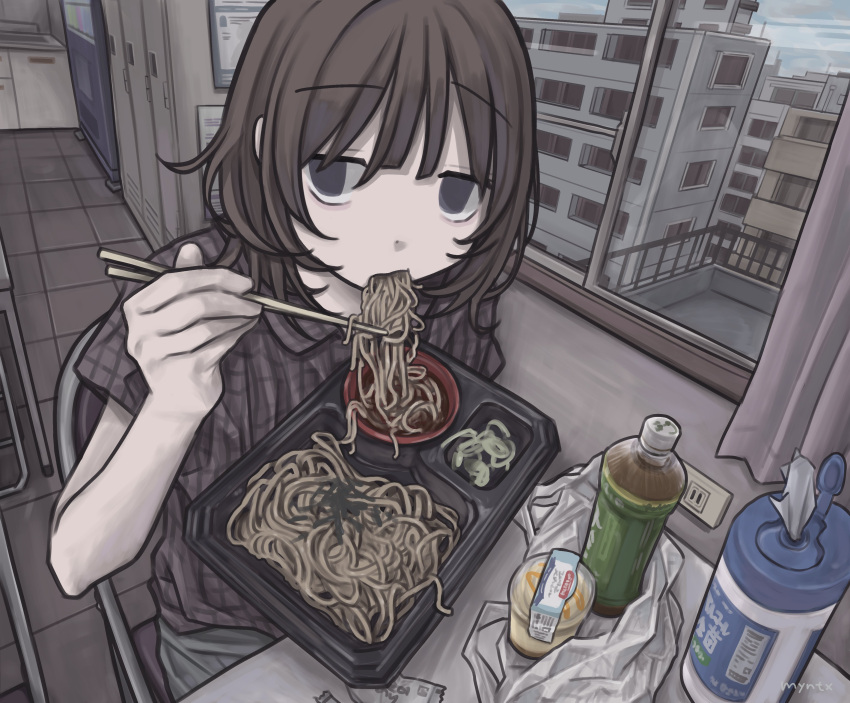 1girl, absurdres, brown_hair, choppy_bangs, chopsticks, city, desk, eating