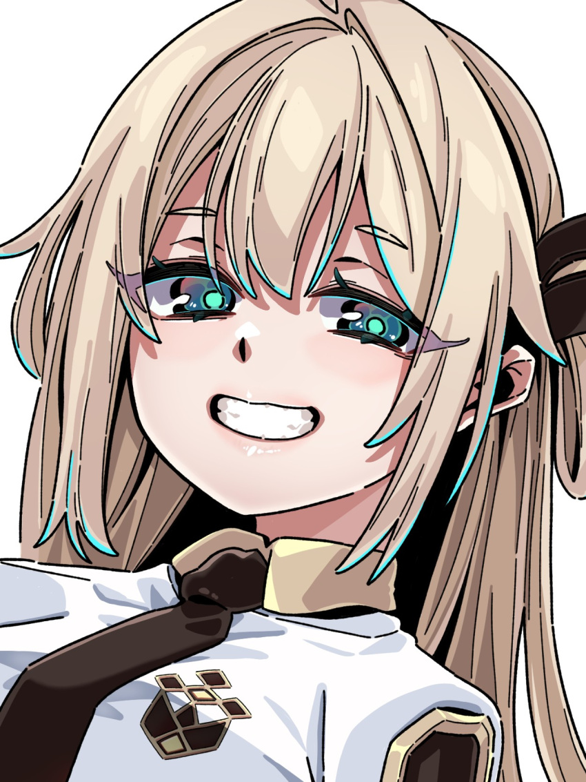 1girl, black_eclipse_dragon_princess, blonde_hair, blue_eyes, daiou_medama, duel_monster, highres, long_hair, parted_lips, shirt, sky_striker_ace_-_raye, smile, solo, upper_body, white_shirt, yu-gi-oh!