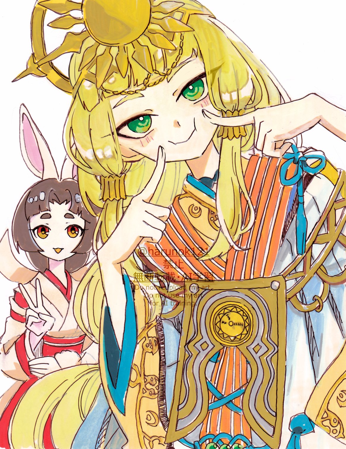 2girls, animal_ears, black_hair, blonde_hair, blunt_bangs, blush, fingers_to_cheeks, green_eyes