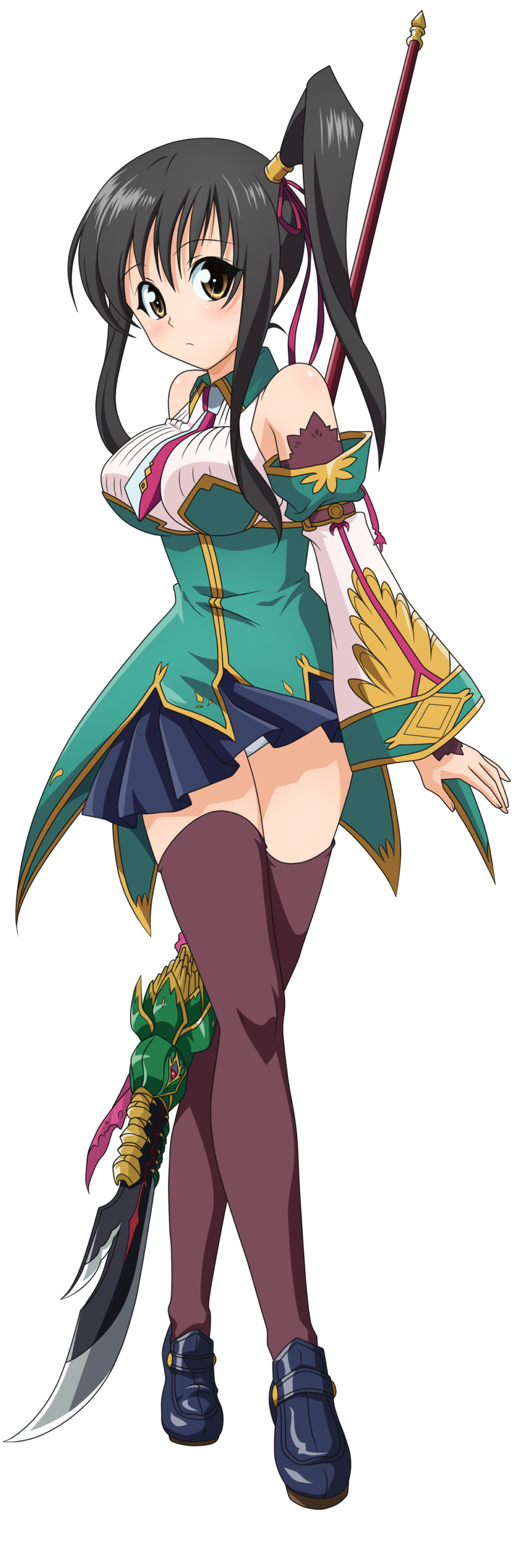 absurdres, black_hair, black_legwear, brown_eyes, detached_sleeves, hair_ribbon, highres, kan'u_(cosplay), kan'u_(cosplay), koihime_musou, legs, long_hair, panties, pantyshot, photoshop, polearm, ponytail, ribbon, short_hair, solo, thigh-highs, thighhighs, transparent_background, underwear, vector_trace, very_long_hair, weapon, zettai_ryouiki