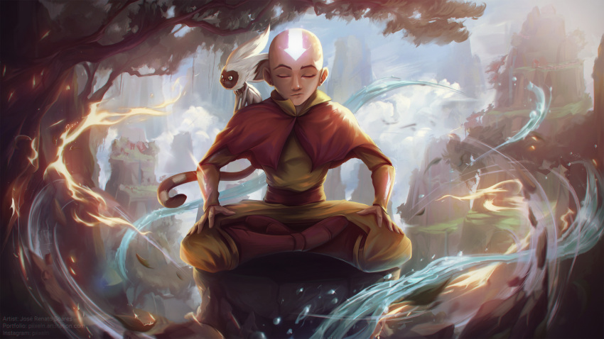 1boy, aang, absurdres, animal, arrow_(symbol), arrow_tattoo, avatar:_the_last_airbender, avatar_legends, bald, capelet, closed_eyes, closed_mouth, commentary, day, english_commentary, fire, forehead_tattoo, full_body, highres, lemur, meditation, momo_(avatar), mountain, nature, outdoors, pants, piixeln, realistic, red_capelet, tattoo, tree, water, yellow_pants