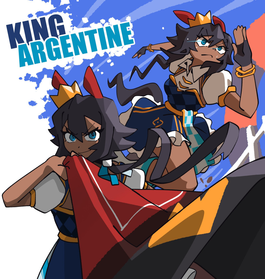 animal_ears, black_hair, black_tail, blue_background, bracelet, cape, character_name, checkered_clothes