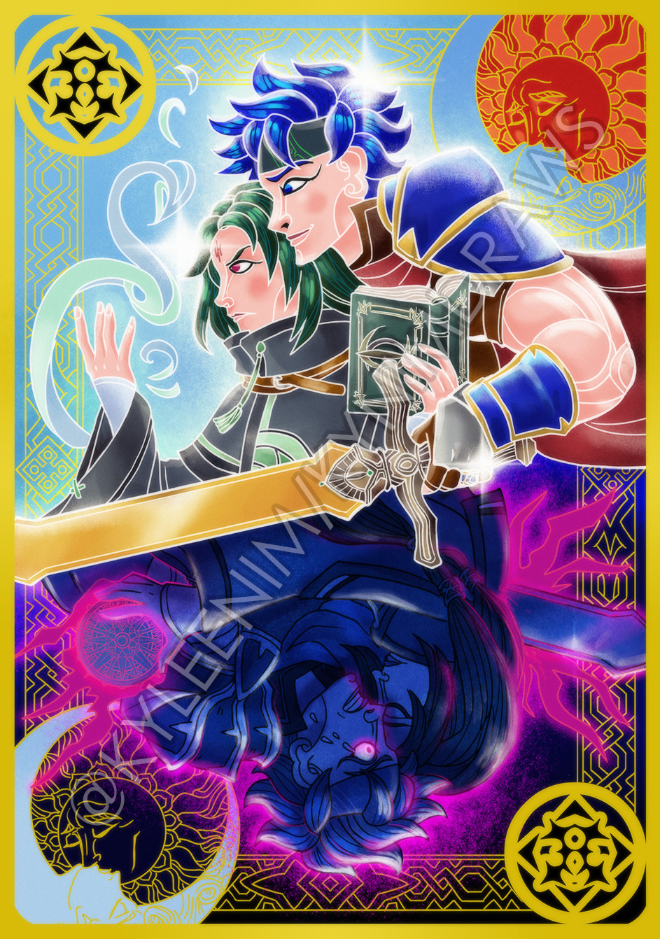 2boys, alt_text, blue_eyes, blue_hair, book, card_(medium), commentary, english_commentary